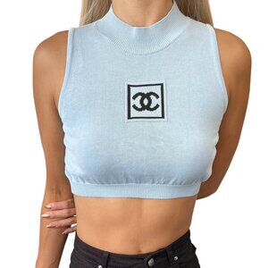 CHANEL Sport Vintage 03A CC Logo Mock Neck Cropped Knit Tank Top #38 [106067]